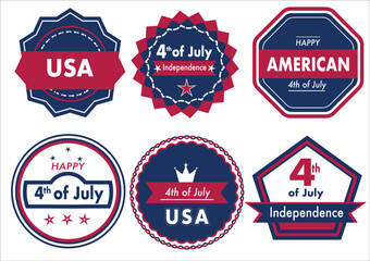 These badges celebrate American independence and Labor Day with patriotic theme. They feature phrases like USA, 4th of July, and American, using red, white, and blueUSA flag Independence Day