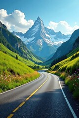 Naklejka premium Asphalt ribbon unwinding towards majestic snow-capped peaks, a scenic drive through vibrant alpine meadows
