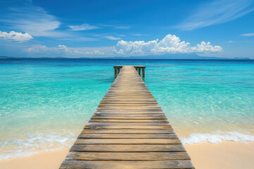 Obraz premium Wooden dock leading to ocean under vibrant sunset sky with silhouette of a lone figure gazing at the horizon.