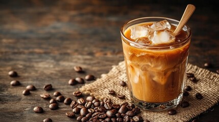A vintage glass filled with refreshing iced coffee is set on a rustic burlap cloth scattered with coffee beans, with a wooden spoon stirring the ice for an authentic vibe.