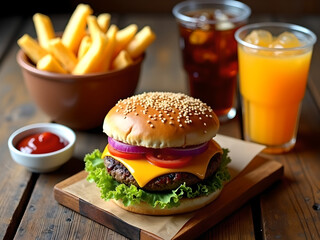 Juicy Cheeseburger with Fries & Drinks – Delicious Meal on Wooden Table
