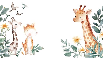 Naklejka premium design cute animal with water color style in white background isolated on white,remain space between border each corner 