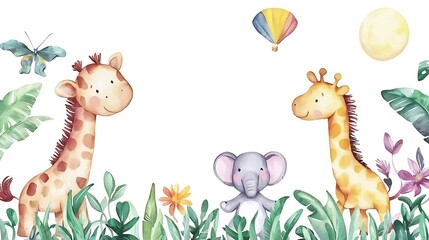 Naklejka premium design cute animal with water color style in white background isolated on white,remain space between border each corner 