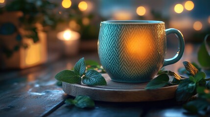 A ceramic mug presents a warm herbal drink colored in golden hues, under soft, inviting lighting.