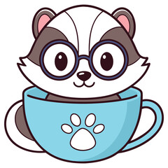 Cartoonish Raccoon in Cup with Paw Print and Blue Glasses on White Background