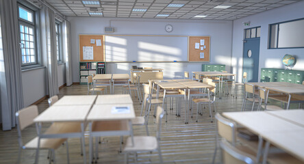 Sunlight illuminates an empty classroom, desks and chairs neatly arranged, awaiting the arrival of students