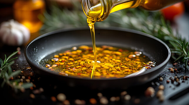 Close-up shot of golden olive oil being poured into a black frying pan, infused with aromatic herbs and spices.