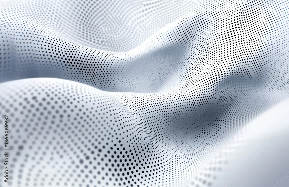 Poster abstract white surface with black dots forming waves and subtle shadows creating depth and dimension
