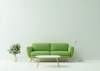 3D rendering of a modern living room with a green sofa and minimalist decor