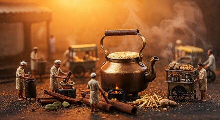 Miniature Tea Vendors Crafting Masala Chai Around a Giant Kettle in a Bustling Indian Street Scene