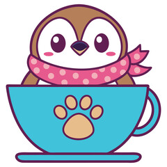 Cartoon Brown Penguin Wearing Scarf Inside Blue Cup with Paw Print on White
