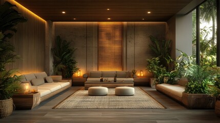 A cozy wellness lounge filled with seating areas, herbal drinks, and a calming atmosphere for relaxation and rejuvenation.