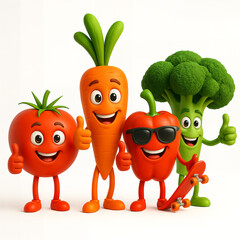 Group of cartoon vegetables giving thumbs up together on white background