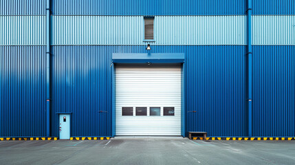 A blue metal storage facility with a roller shutter door and an empty parking lot.