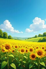 Fototapeta premium A Serene Summer Day in a Sunlit Sunflower Field, Rolling Hills Under a Blue Sky with Fluffy White Clouds