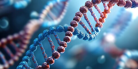 A close-up of a DNA double helix structure with blue and red molecular chains, set against a blurred blue light bokeh background