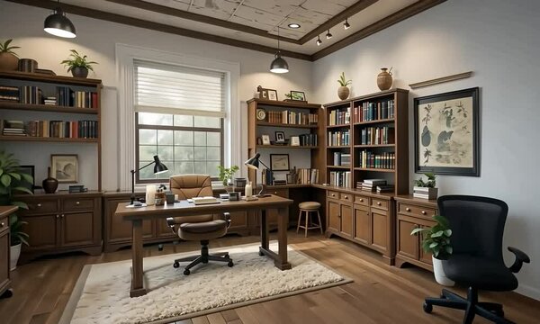 4k video. A comfortable and modern law office, with white walls and objects that refer to law and some small plants as room decoration.