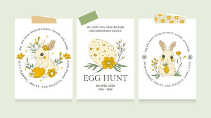 Easter Bunny Egg Hunt Sketch Card Set Vintage Vector Collection Rustic Floral Poster
