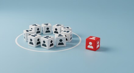 Red cube apart from a group, Conveys leadership, innovation, unconventional thinking, and standing out from the crowd.