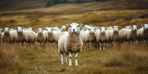 Obraz premium A group of white sheep standing on green grass, with one sheep facing the camera in the center, blurred background of grass and distant hills