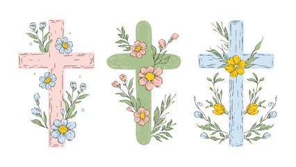 Easter Cross Sketch Set Rustic Collection Jesus Crosses Religion Vector Catholic Floral Vintage Pastel Flowers