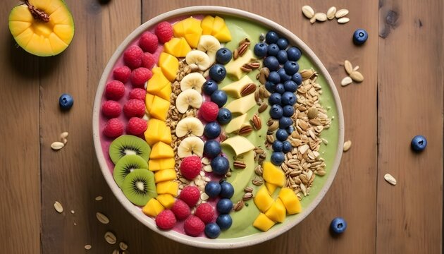 A top-down, eye-level, full shot of a smoothie bowl on a wooden table. The bowl is filled with a green smoothie base and topped with raspberries, diced mango