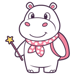 White Hippo Character with Scarf Holding a Magic Wand on Isolated White Background