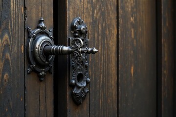 Ornate antique door handle, dark metal, wooden door, detailed craftsmanship, vintage style