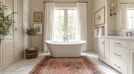A luxurious classic bathroom with a freestanding tub, marble floors, antique vanity, and elegant fixtures, exuding sophistication and charm