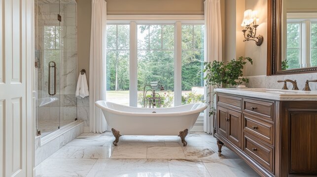 A luxurious classic bathroom with a freestanding tub, marble floors, antique vanity, and elegant fixtures, exuding sophistication and charm