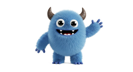A friendly blue monster with tiny horns waves hello, a cheerful 3D-rendered illustration full of playful charm against a white background.