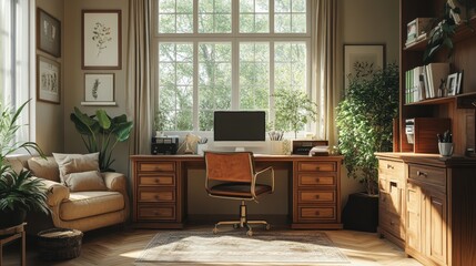 A farmhouse-style home office with wooden furniture, country-inspired decor, and natural light streaming through large windows, making it feel cozy and productive