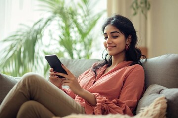 Indian woman relaxing on sofa holds smartphone leaves audio message, sending voicemail to friend, lead remote talk through speakerphone, using virtual assistant. Digital communication, modern AI tech