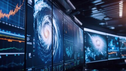 An AI powered disaster response system analyzing real time data to coordinate rescue efforts and predict hazards, Emergency technology style, photo of