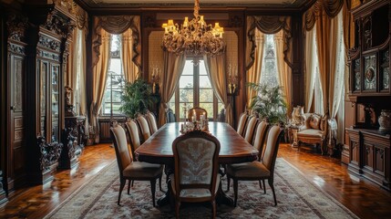 Fototapeta premium A Victorian dining room with a large wooden table, upholstered chairs, and heavy drapes, showcasing classic elegance with opulent decor details