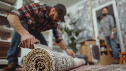 Professional Movers Rolling Out Rug with Over-the-Shoulder Technique