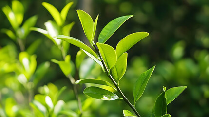 Obraz premium Close Up Of Green Tea Plant Leaves in Sunlight with Blurred Green Background