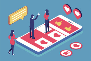 92 Isometric business people, giant smartphone, holographic social media icons, thumbs up, smiley faces, hearts, blue background, digital marketing concept, 3D illustration, vibrant colors, profession