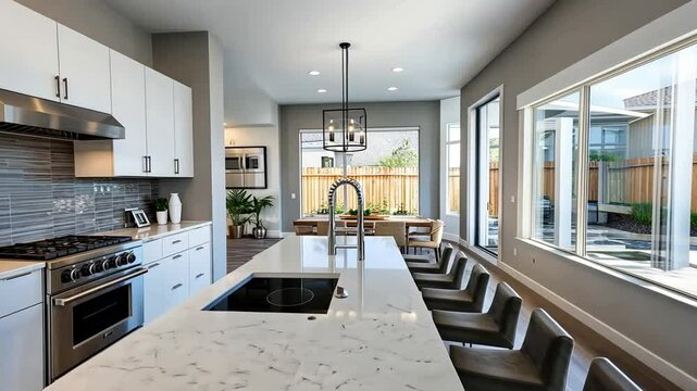 Modern Kitchen with White Cabinets and Large Windows
