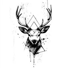 Fotobehang Geometric Deer Head Ink Drawing - Black and White Animal Portrait © Tungbackground