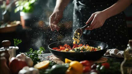 Person preparing food in a kitchen stirring a skillet