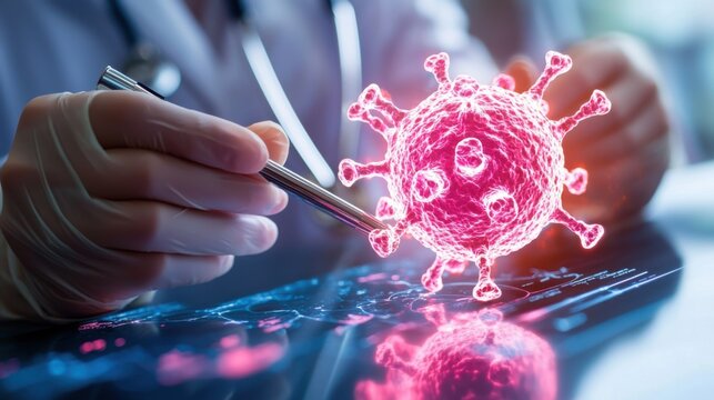 Medical Analysis of Coronavirus Model on Digital Tablet - Powered by Adobe