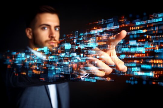 A man interacting with digital data streams and information