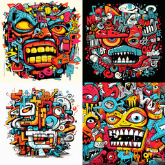 Obraz premium Colorful abstract graffiti faces in urban street art style, featuring bold lines, expressive eyes, and chaotic designs. Modern pop art illustration with comic influence.