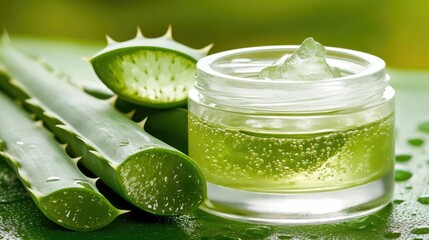A skincare cream jar with aloe vera extract placed alongside cut aloe vera leaves on a green background, copy space.