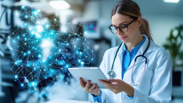 Focused Female Doctor Using Digital Tablet in Modern Medical Office