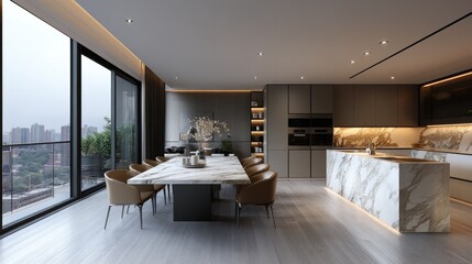 A luxurious marble dining table alongside a modern kitchen features an open-concept condo, showcasing modern living.