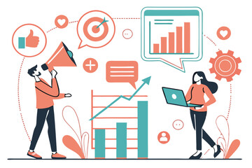 93 Digital marketing illustration, social media icons, business professionals, data analytics, megaphone, laptop, flat design, coral and teal color scheme, infographic elements, vector art, clean layo