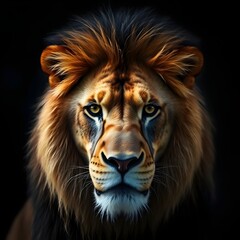 Fototapeta premium A photograph of a lion, the subject sharply focused with a blurred bokeh background. Soft light illuminates the lion, creating diffused shadows and a subtle glow. The color palette is warm and natural