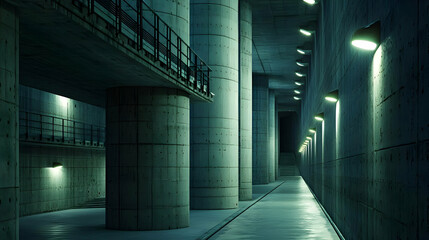 Obraz premium Dark Concrete Tunnel Interior With Lighting